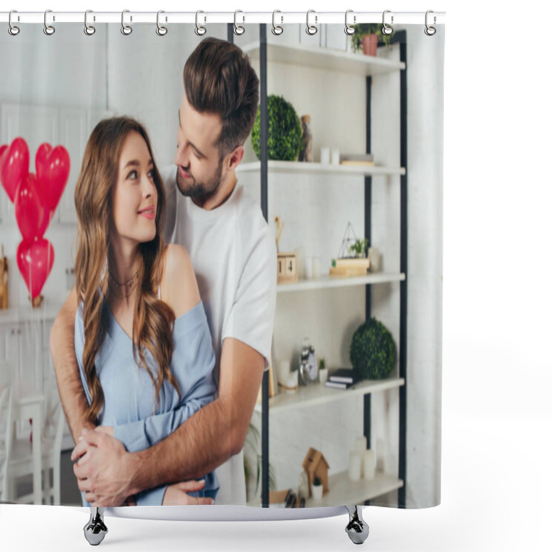 Personality  Selective Focus Of Smiling Girl Looking Tenderly At Boyfriend While Man Embracing Girlfriend In Room With St Valentine Day Decoration  Shower Curtains