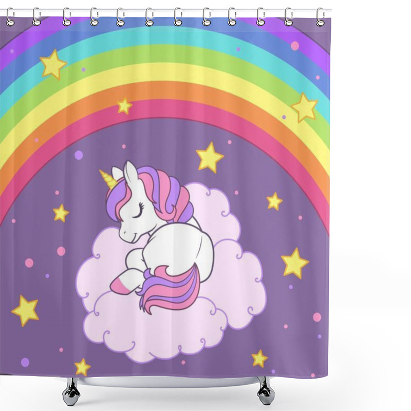 Personality  The Unicorn Sleeping On The Cloud Against The Background Of The Starry Sky And Rainbow. Colorful Vector Illustration For Cards, Books, T-shirts Shower Curtains