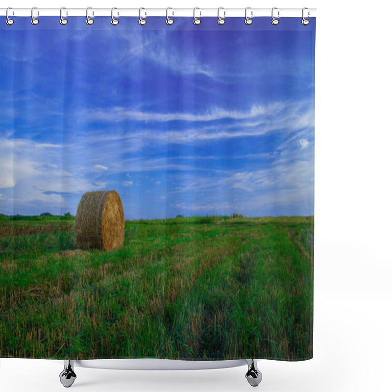 Personality  Rural Field Agriculture Stack Of Hay Green Grass And Blue Sky Vivid Colorful Idyllic Landscape Scenic View Of September Autumn Season Time Shower Curtains