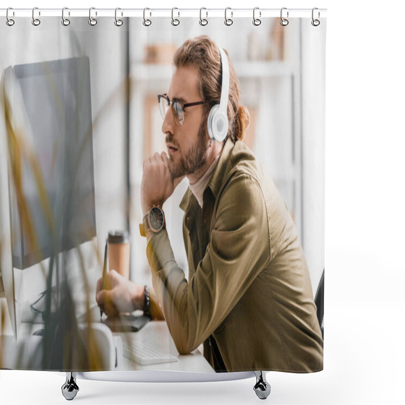 Personality  Side View Of 3d Artist In Headphones Using Graphics Tablet And Looking At Computer Monitor On Table  Shower Curtains