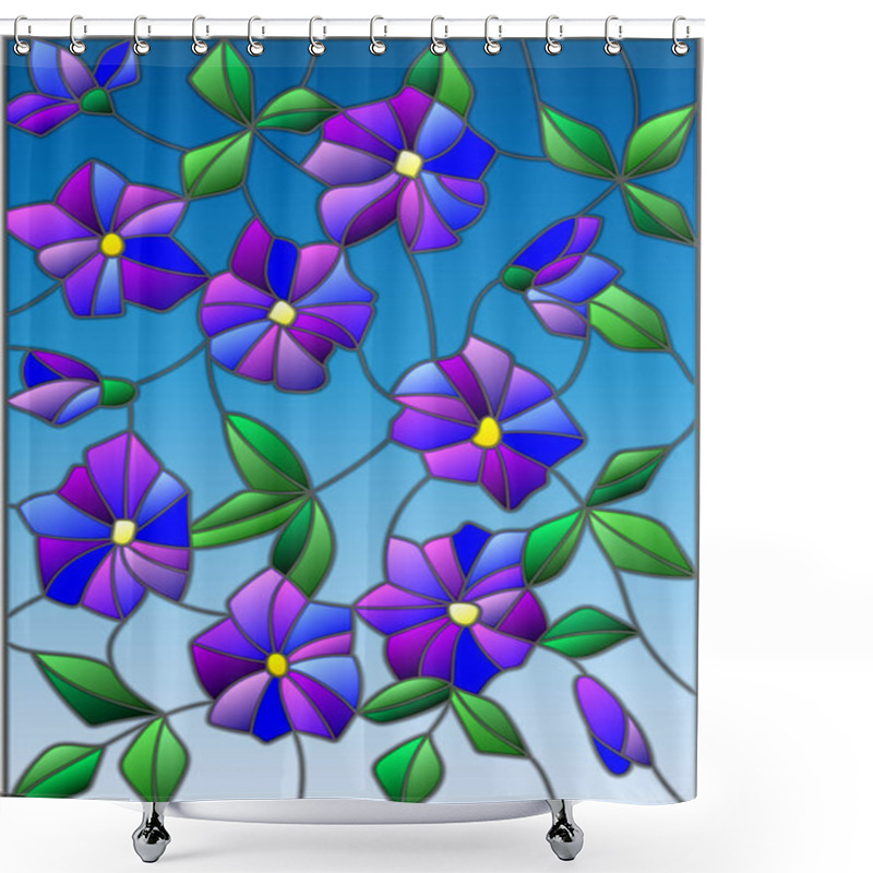 Personality  Illustration In The Style Of Stained Glass With Intertwined Abstract Purple Flowers And Leaves On A Blue Background Shower Curtains