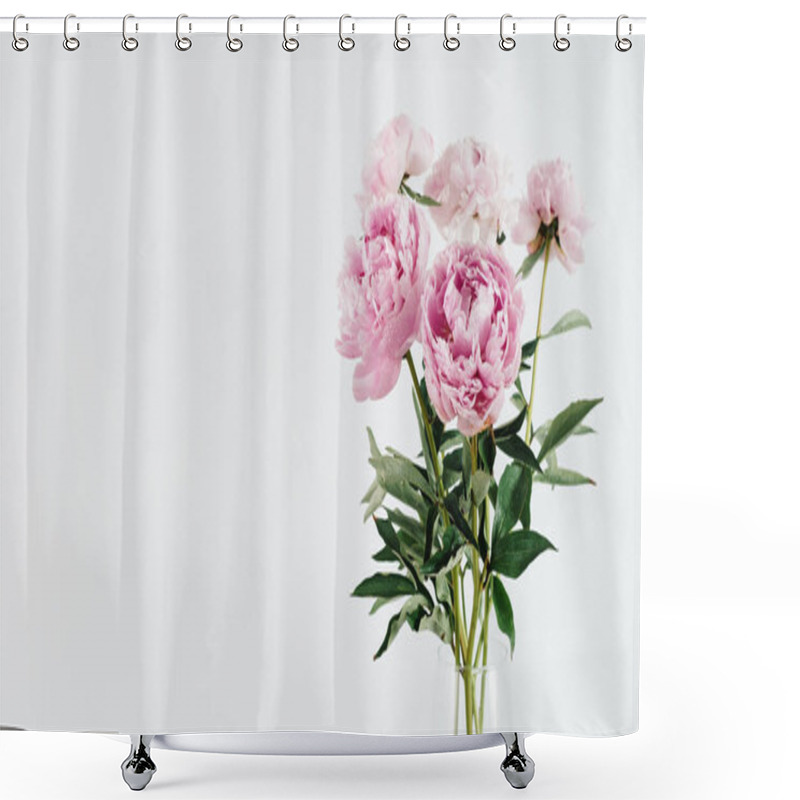 Personality  Beautiful Pale Pink Peony Bouquet In Glass Vase On White Or Light Gray Wall Background. Banner. Copy Space For Text. Toned Filetr Shower Curtains