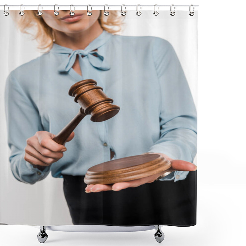 Personality  Cropped Shot Of Female Judge Holding Wooden Hammer Isolated On White   Shower Curtains