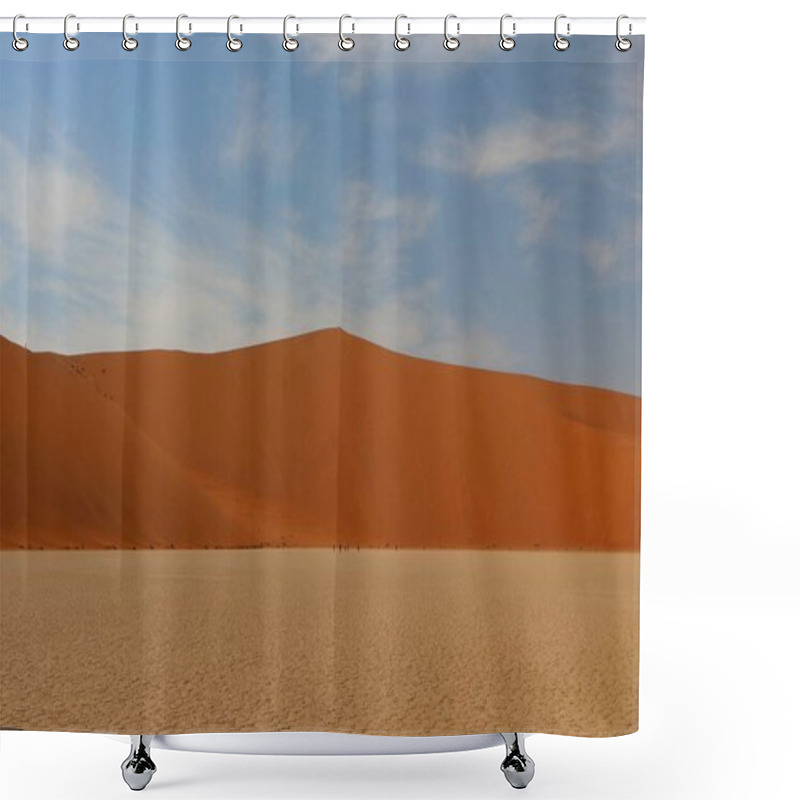 Personality  Deadvlei, A Vast Desert Landscape In Sossusvlei, Namibia, Featuring A White Clay Pan Surrounded By Towering Red Sand Dunes Under A Blue Sky Shower Curtains