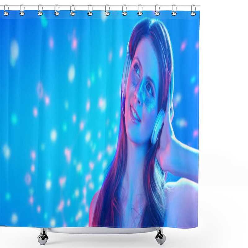 Personality  Party And Holiday Style. Pretty Girl With Shiny Make-up And Shiny Dress Listening To Music In Headphones And Dancing In Blue And Pink Light. Shower Curtains