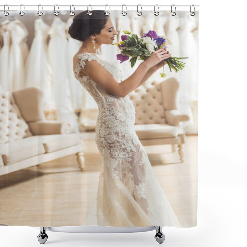 Personality  Beautiful Bride With Floral Bouquet In Wedding Salon Shower Curtains