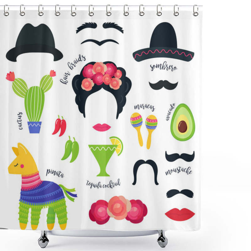 Personality  Mexican Fiesta Party Symbols And Photo Booth Props. Vector Design Shower Curtains