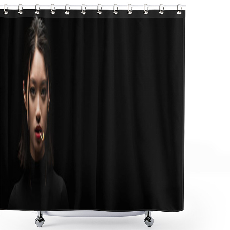 Personality  Portrait Of Pretty Asian Woman With Burning Matchstick In Mouth Looking At Camera Isolated On Black, Banner Shower Curtains