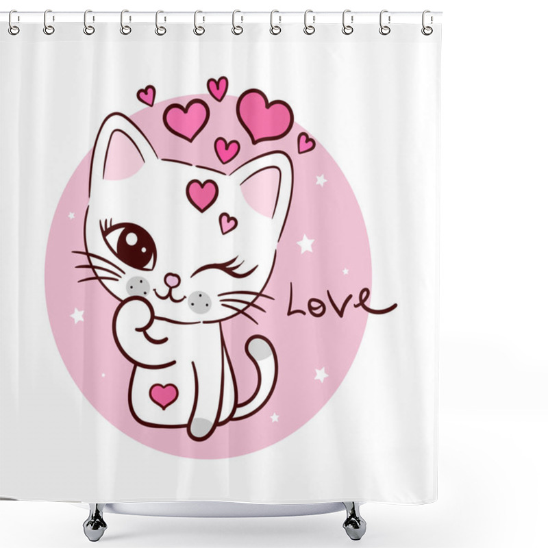 Personality  Cute Cat With Calligraphic Text Lettering. Love. Vector Shower Curtains