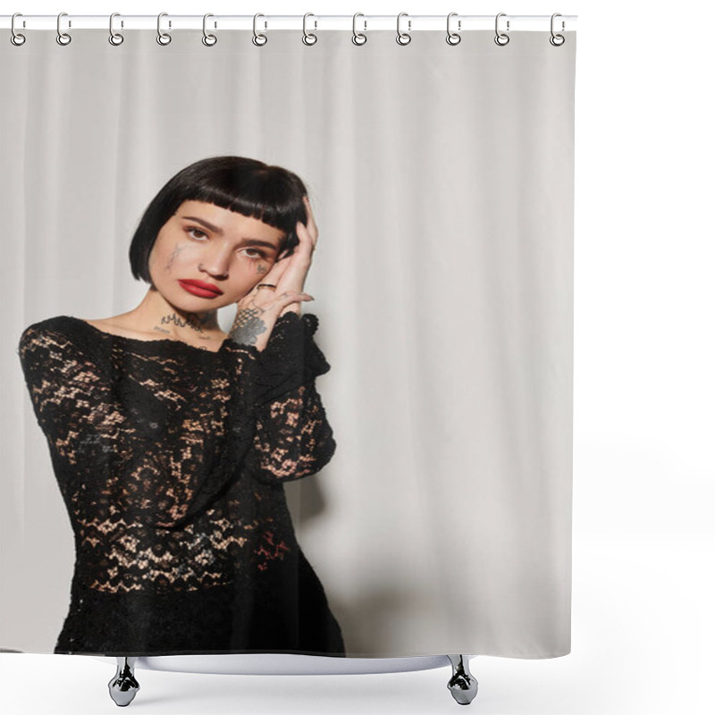 Personality  A Fashionable Woman With Tattoos Showcases Her Unique Style And Confidence. Shower Curtains