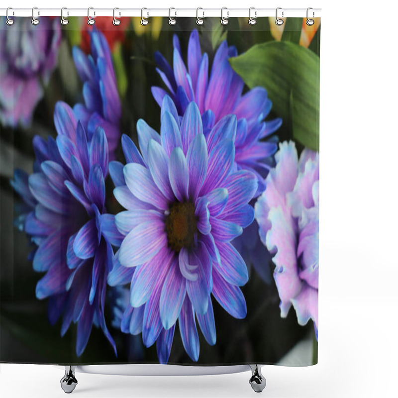 Personality  Close-up Shot Of Vibrant Blue And Purple Chrysanthemum Flowers With Delicate Petals Radiating From Dark Centers, Showing Intricate Color Gradients And Patterns Shower Curtains