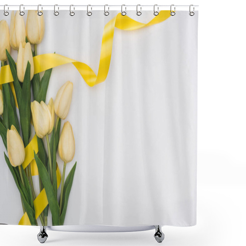 Personality  Top View Of Tulips And Yellow Ribbon Isolated On White Shower Curtains