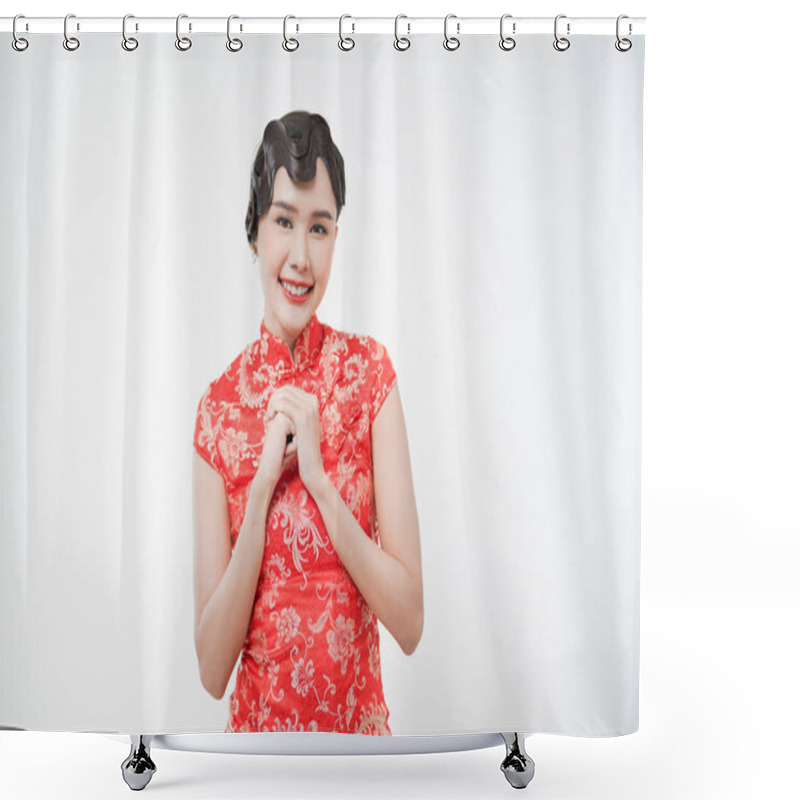 Personality  Portrait Of Smiling Warmly Chinese Woman Gesturing Hands Greeting Chinese Lunar New Year, Traditional Festive Season, Welcome Gesture, Shower Curtains