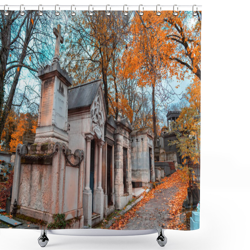 Personality  Paris, France - November 14, 2019: A View On Autumn Alley Of The Most Famous Cemetery Of Paris Pere Lachaise, France. Tombs Of Various Famous People. Golden Autumn Over Eldest Tombs. Shower Curtains