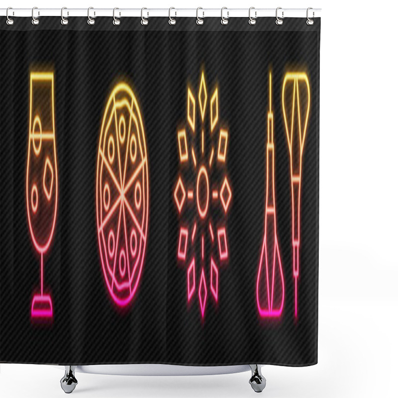 Personality  Set Line Firework, Cocktail And Alcohol Drink, Pizza And Dart Arrow. Glowing Neon Icon. Vector. Shower Curtains