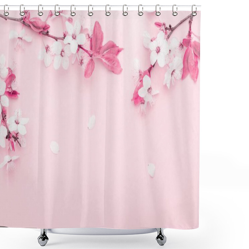 Personality  April Floral Nature. Spring Blossom And May Flowers On Pink. For Banner, Branches Of Blossoming Cherry Against Background. Dreamy Romantic Image, Landscape Panorama, Copy Space. Shower Curtains