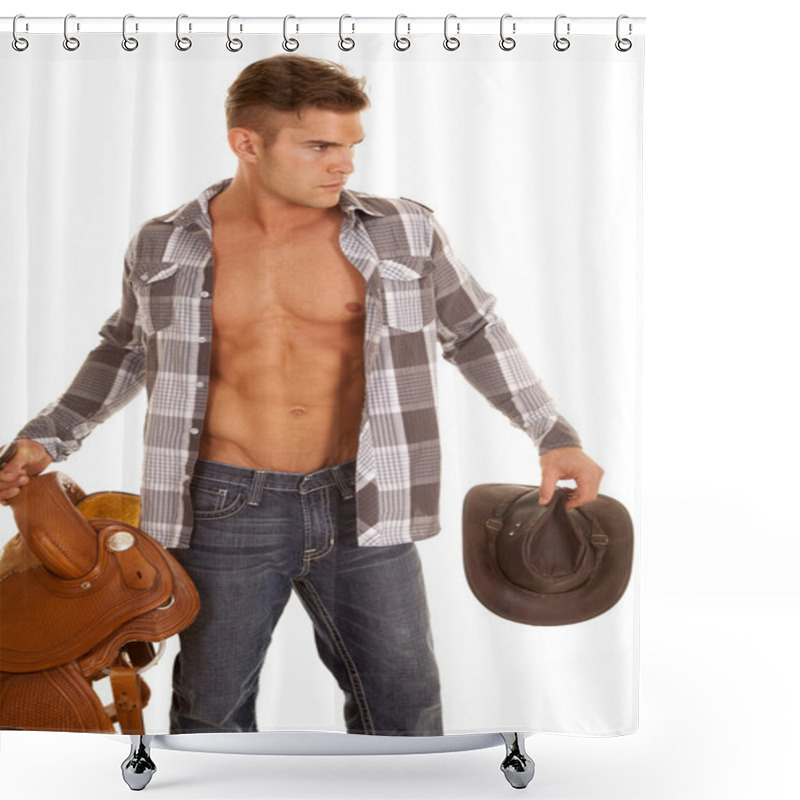 Personality  Man Plaid Shirt Hold Saddle And Hat Shirt Open Shower Curtains