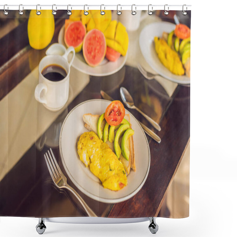 Personality  Delicious Breakfast With Omelet, Tropical Fruits And Coffee Shower Curtains