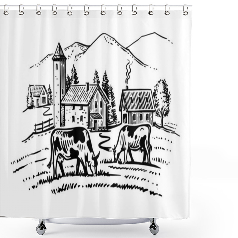 Personality  Cows Chewing Grass On Background Of Farm Shower Curtains