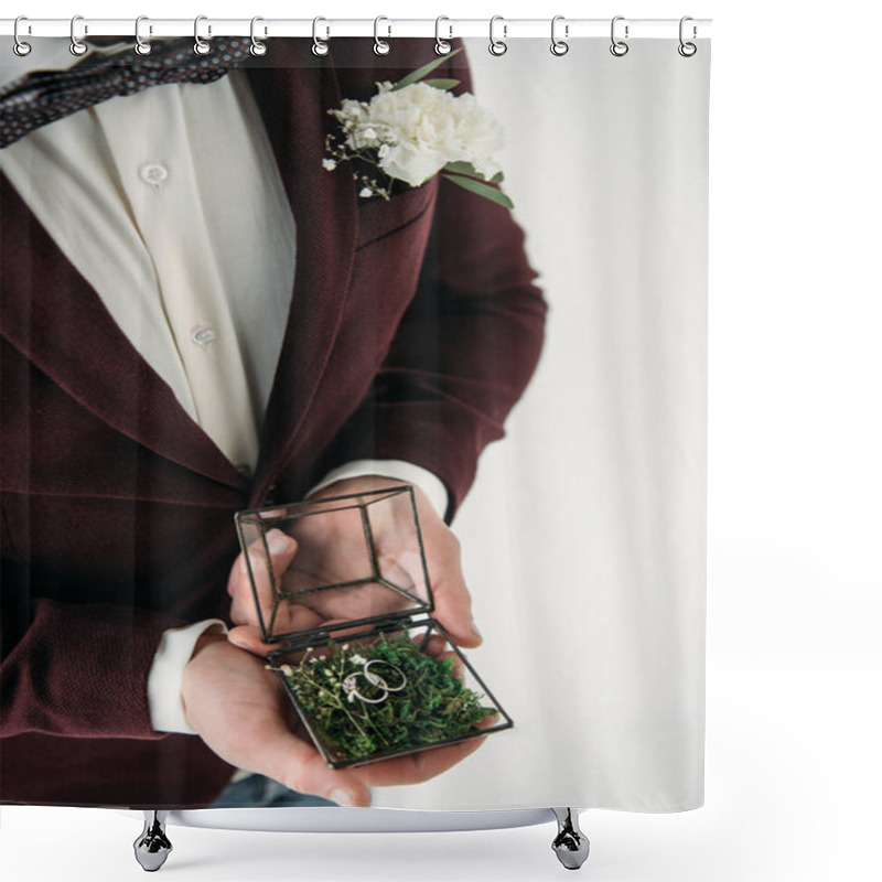 Personality  Partial View Of Groom In Suit With Buttonhole And Wedding Rings In Box In Hands Shower Curtains