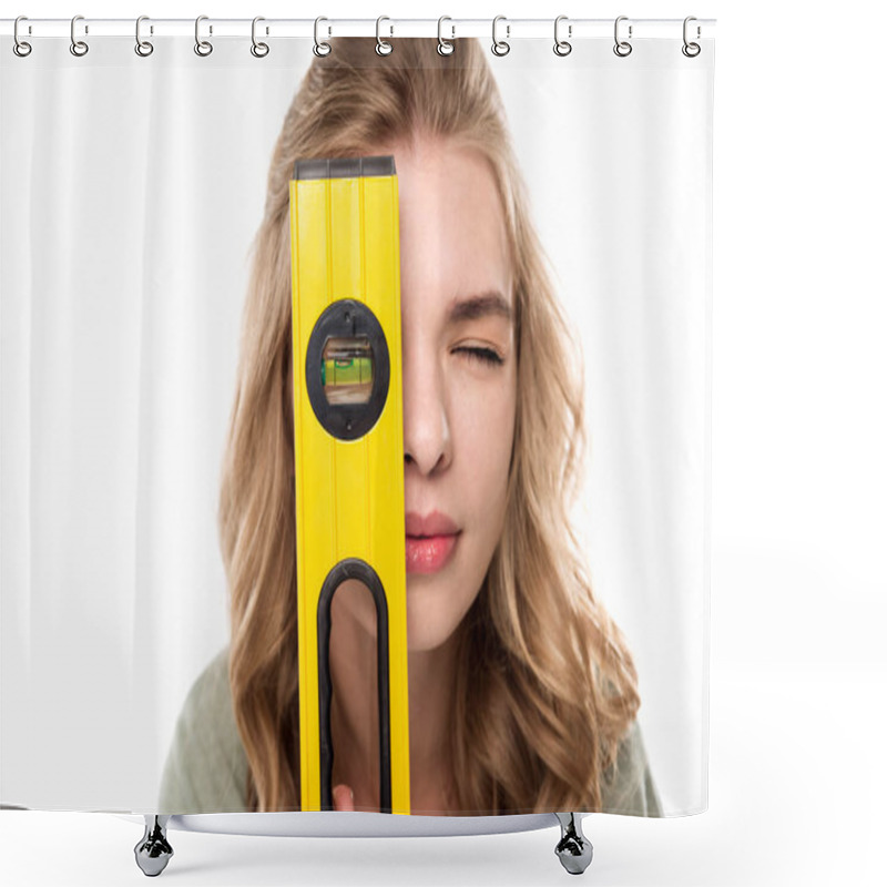 Personality  Young Woman With Level Tool  Shower Curtains