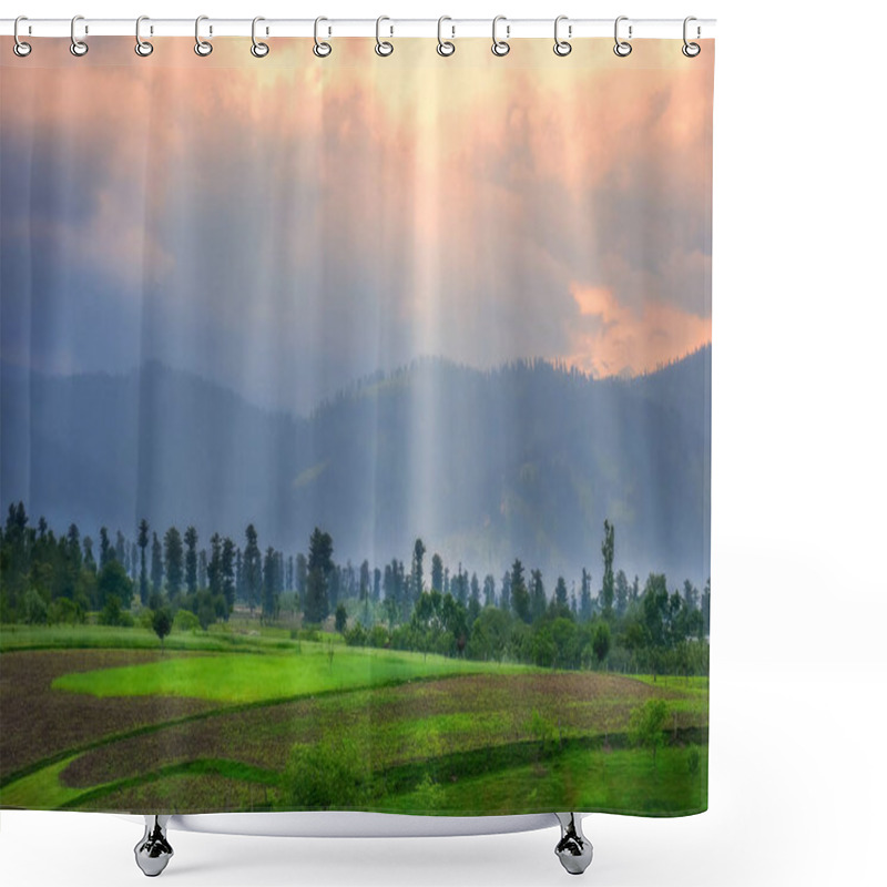 Personality  Beams Of Light Passing Through Clouds At The Time Of Sunset And Hitting Lush Green Landscape Shower Curtains