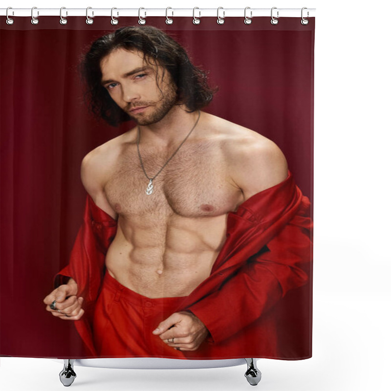 Personality  A Handsome Man Poses In A Red Robe Without A Shirt Against A Studio Backdrop, Exuding Bold Elegance And Confidence. Shower Curtains