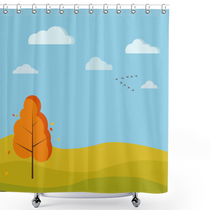 Personality  Autumn Season Cute Nature Landscape Background With Yellow And Orange Colours, Single Deciduous Tree, Fields, River, Clouds, Birds Crane Wedge In Cartoon Style. Vector Flat Design Scenery Illustration Shower Curtains