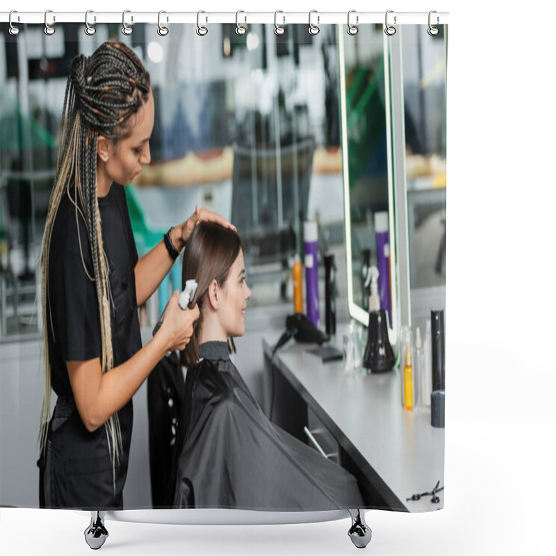 Personality  Hairstylist Spraying Hair Of Female Client, Hairdresser With Braids Holding Spray Bottle Near Happy Woman With Short Brunette Hair In Salon, Hair Cut, Hair Treatment, Hair Make Over, Hairdo  Shower Curtains