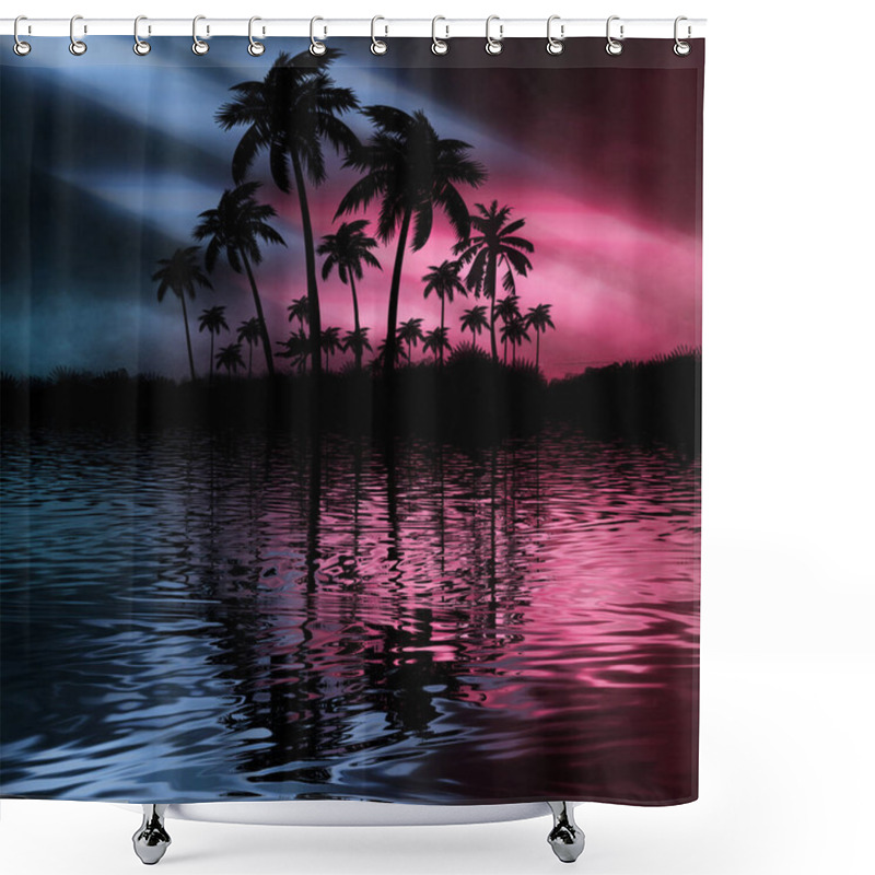 Personality  Night Landscape With Palm Trees, Against The Backdrop Of A Neon Sunset, Stars. Silhouette Coconut Palm Trees On Beach At Sunset. Space Futuristic Neon Landscape. Beach Party. 3D Illustration. Shower Curtains