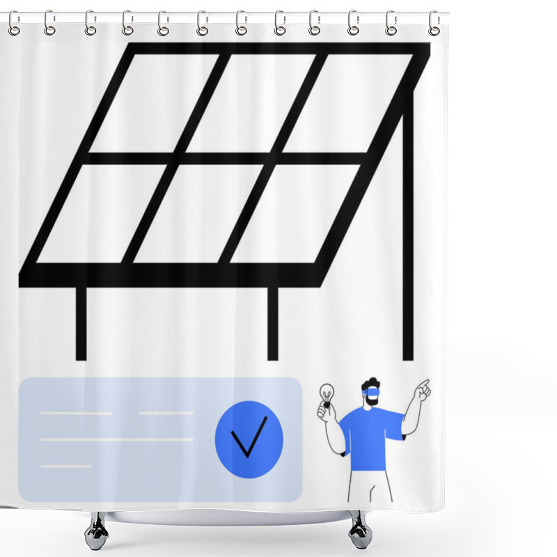 Personality  Large Solar Panel, Man Holding A Light Bulb, And Approval Checkmark Icon In Blue Circle. Ideal For Renewable Energy, Solar Power, Innovation, Environmental Awareness, Eco-friendly Practices, Green Shower Curtains