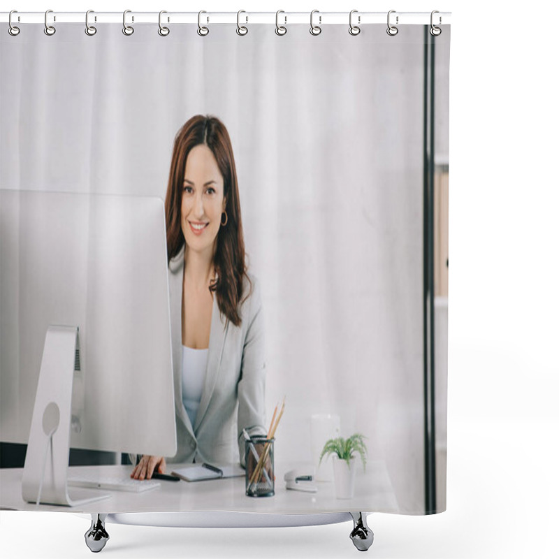 Personality  Attractive, Smiling Secretary Looking At Camera While Sitting At Workplace Shower Curtains