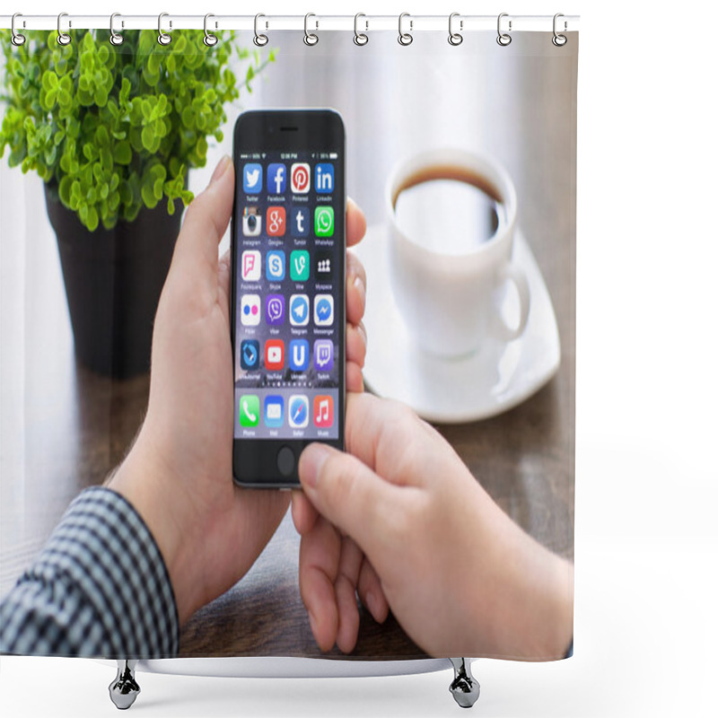 Personality  Alushta - November 20, 2014: A Set Of Programs From Famous Brands Of Social Networking On The Phone IPhone 6 In Man Hands. IPhone 6 Was Created And Developed By The Apple Inc Shower Curtains