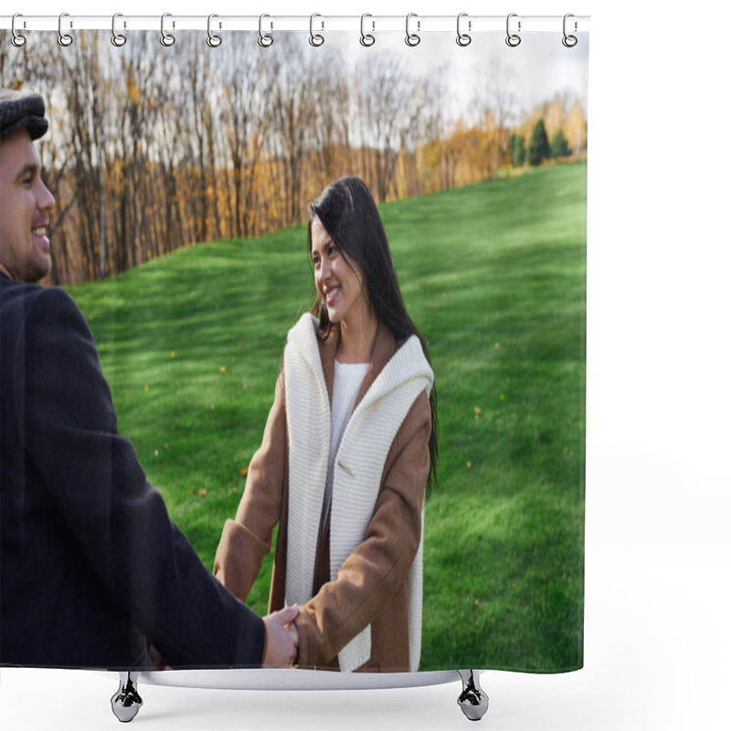 Personality  A Loving Couple Shares Laughter While Holding Hands In A Beautiful Autumn Landscape. Shower Curtains