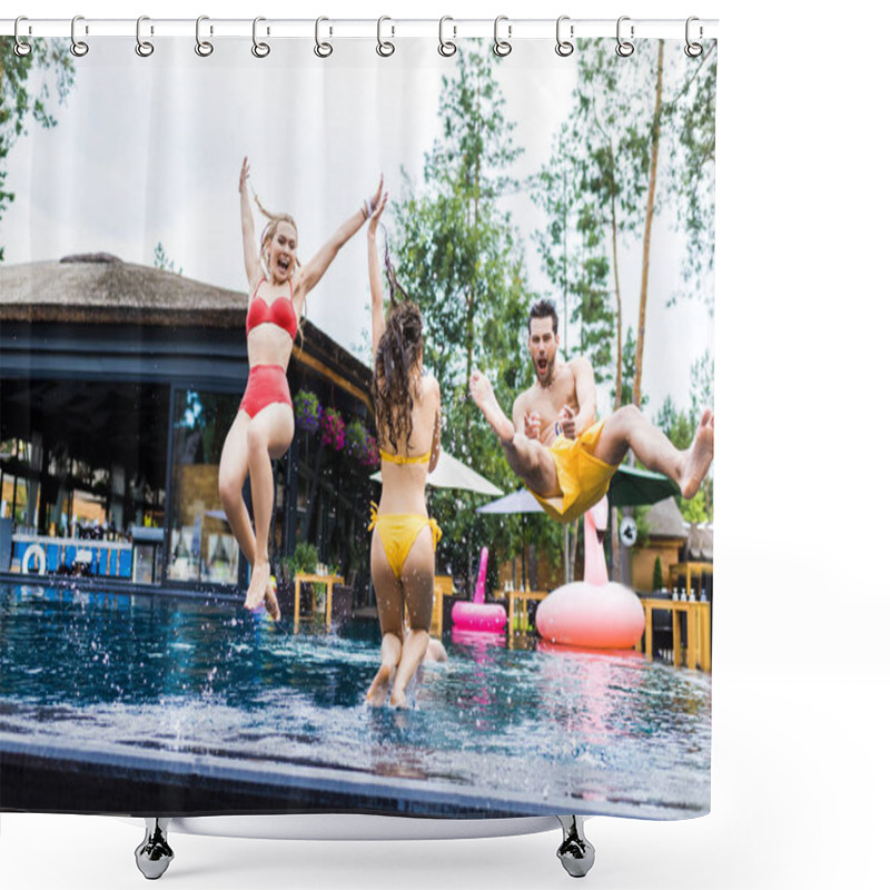 Personality  Happy Friends Having Fun And Jumping Into Swimming Pool  Shower Curtains