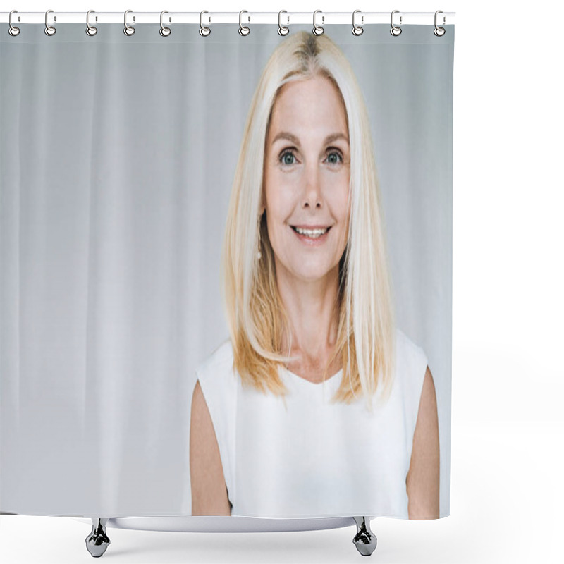 Personality  Happy Blonde Mature Woman Smiling Isolated On Grey Shower Curtains