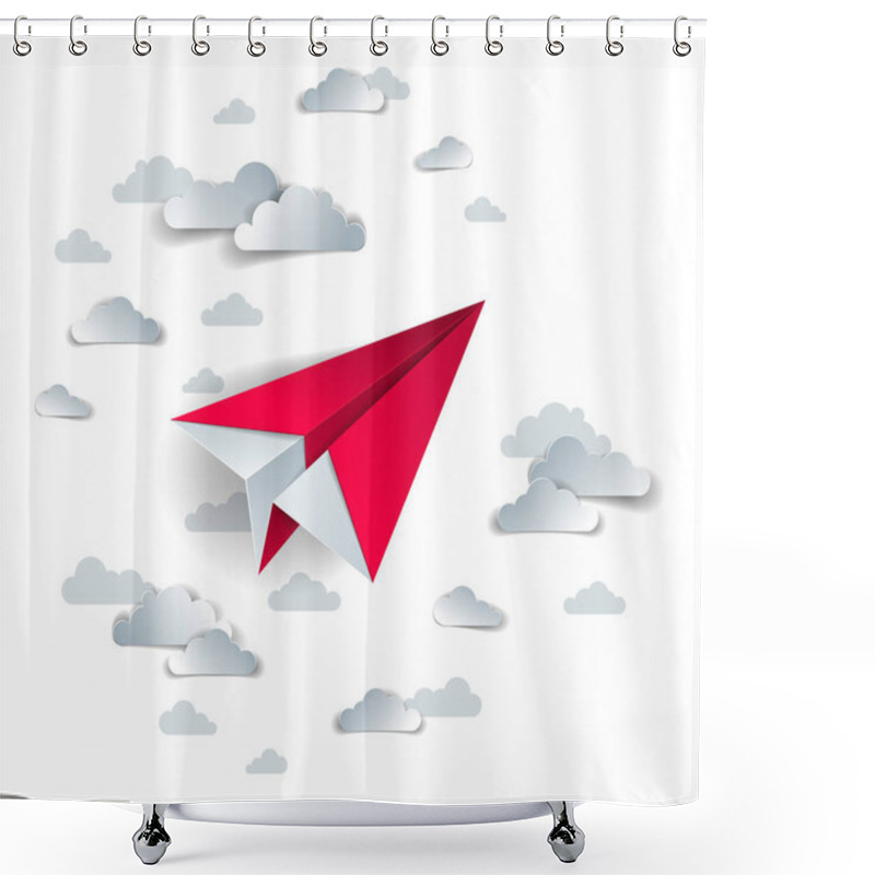 Personality  Origami Paper Plane Toy Flying In The Sky With Beautiful Clouds, Perfect Vector Illustration Of Scenic Cloudscape With Toy Jet Take Off, Airlines Air Travel Theme.  Shower Curtains