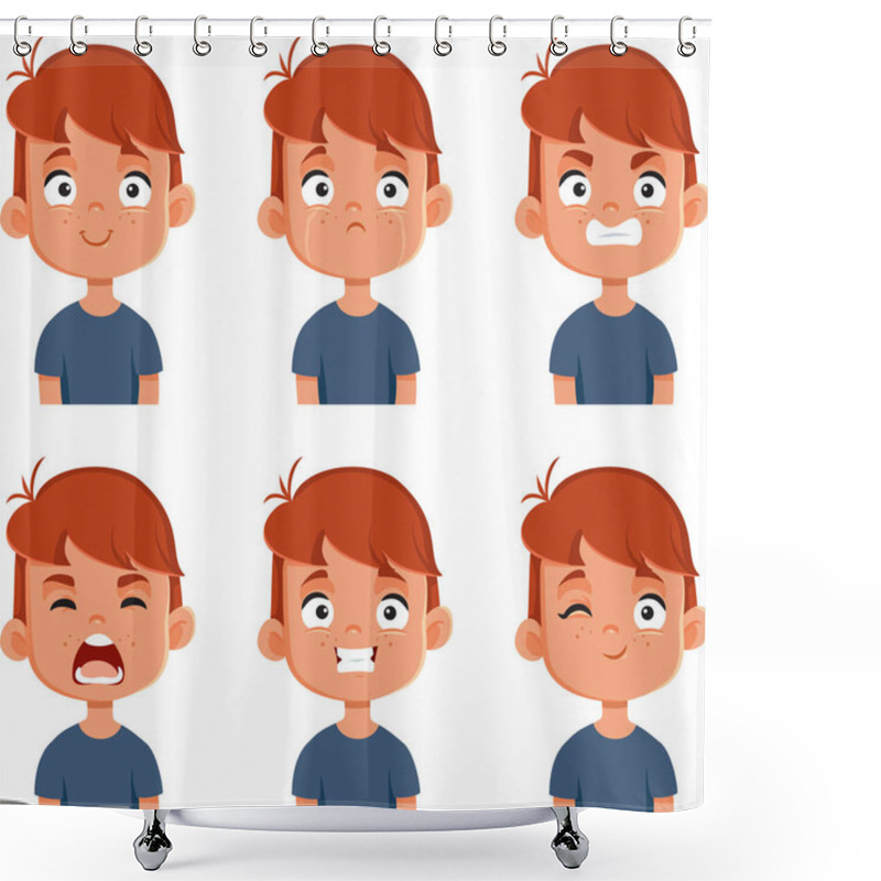 Personality  Boy Expressing Different Facial Emotions Vector Cartoon Character Shower Curtains