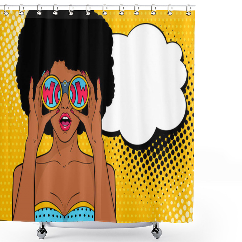 Personality  Wow Pop Art Face. Sexy Surprised African Woman With Open Mouth Holding Binoculars In Her Hands With Inscription Wow In Reflection And Speech Bubble. Vector Colorful Background In Pop Art Retro Comic Style. Shower Curtains