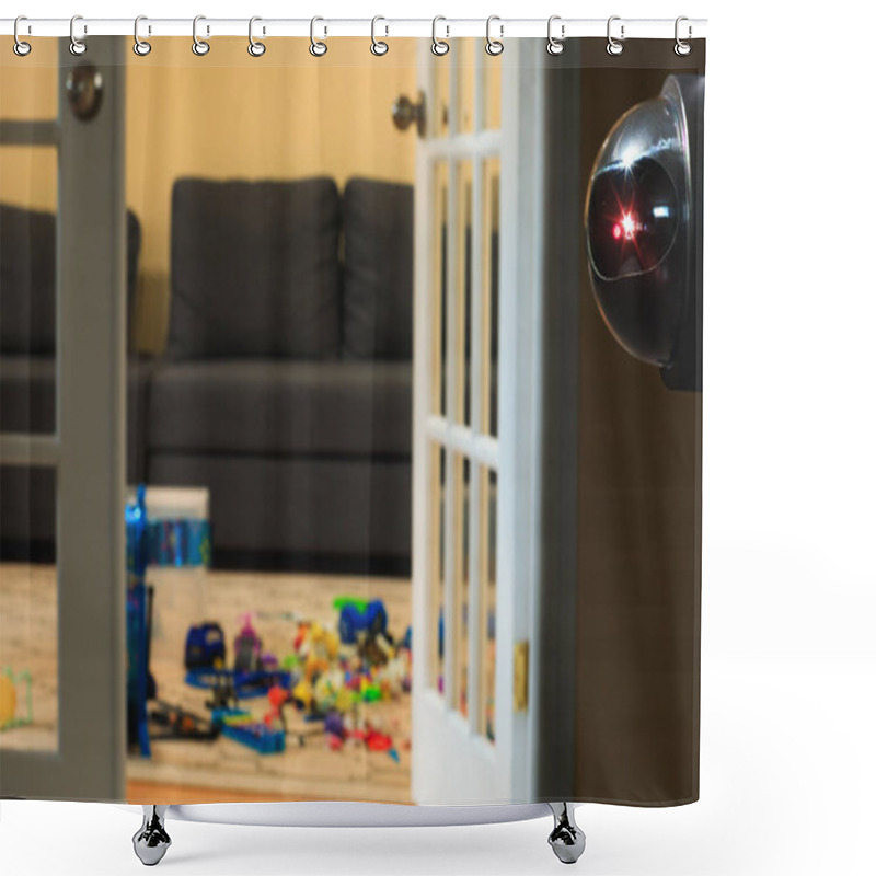 Personality  Surveillance System Or Security Camera Inside Of The Children Chamber. CCTV Camera Installed On The Wall Of The Living Room. Kids Area Protection By Guard Monitoring Equipment. Shower Curtains