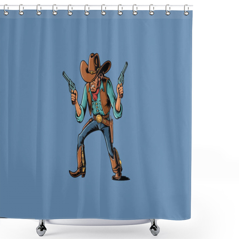 Personality  Cowboy With Dual Revolvers In Action Pose Illustration. Shower Curtains