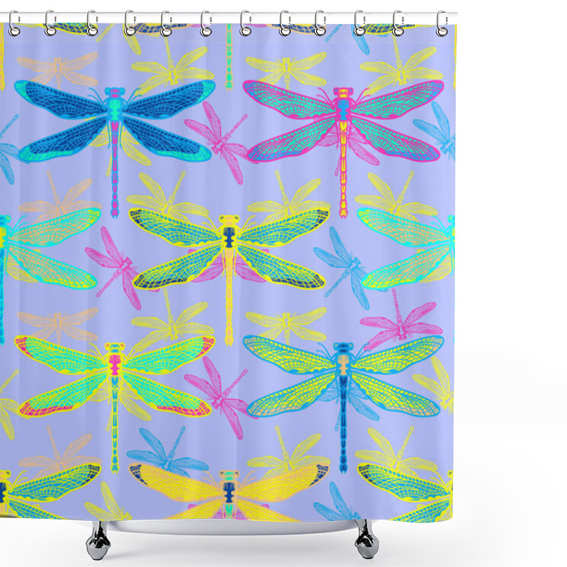 Personality  Hand Drawn Stylized Dragonflies Seamless Pattern For Girls, Boys, Clothes. Creative Background With Insect. Funny Wallpaper For Textile And Fabric. Fashion Style. Colorful Bright Shower Curtains