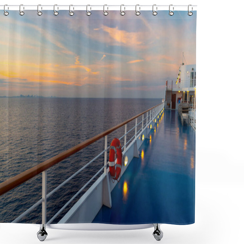 Personality  Lifebuoy At Boat Trip In Twilight. Lifebuoy At Boat Trip View. Lifebuoy At Boat Trip Vacation. Photo Of Lifebuoy At Boat Trip Cruising. Shower Curtains