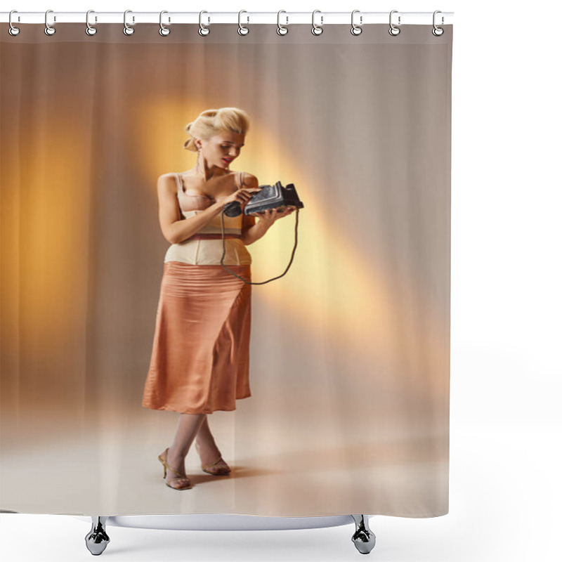 Personality  Stylish Girl With Blonde Hair And Red Lips Calling On Retro Phone Against Gray Background Shower Curtains