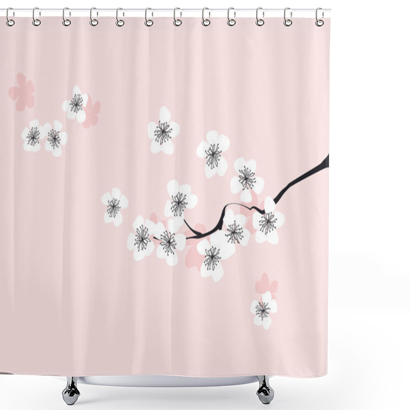 Personality  Branch Of White Blossoming Sakura. Japanese Cherry Tree. Vector  Shower Curtains