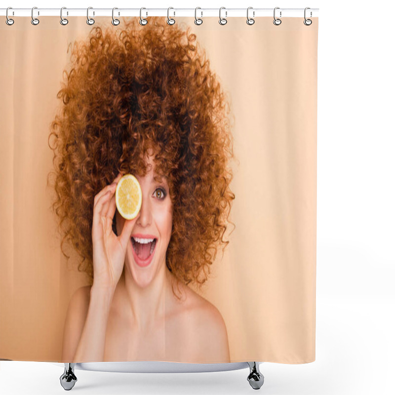 Personality  Close Up Photo Beautiful Funky She Her Wear No Clothes Lady Hold Hide Eye Slice Lime Lemon Want Try Taste Delicious Carefree Stylist Curls Perms Roller Curlers Tint Isolated Beige Pastel Background Shower Curtains