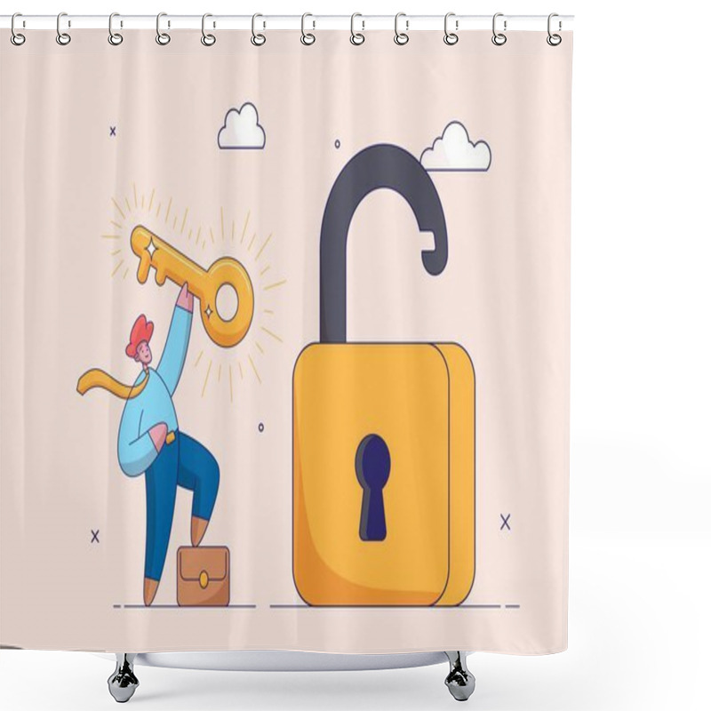 Personality  Success Business Concept. Golden Key To Unlock, Solve Business Problem, Professional To Give Solutions, Key Or Unlock Business Accessibility, Smart Businessman Holding Golden Key To Unlock The Pad Shower Curtains