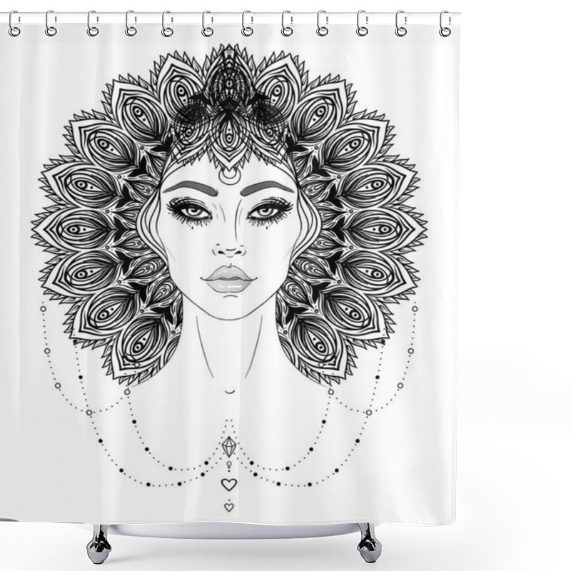 Personality  Tribal Fusion Boho Diva. Beautiful Asian Divine Girl With Ornate Crown, Kokoshnik Inspired. Bohemian Goddess. Hand Drawn Elegant Illustration. Lotus Flower, Ethnic Art, Patterned Indian Paisley. Shower Curtains