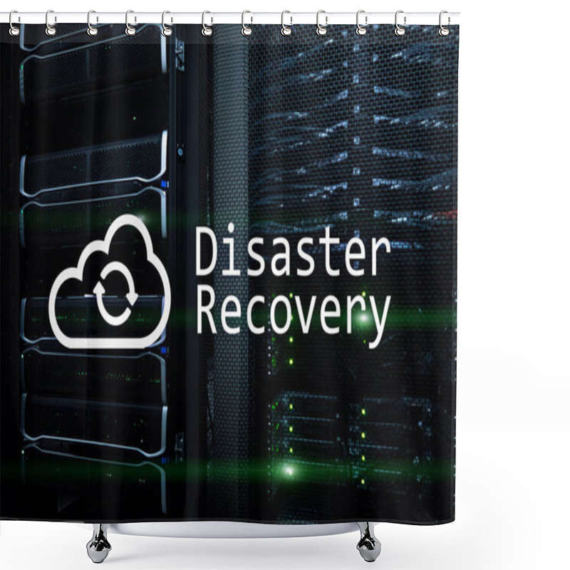 Personality  DIsaster Recovery. Data Loss Prevention. Server Room On Background. Shower Curtains