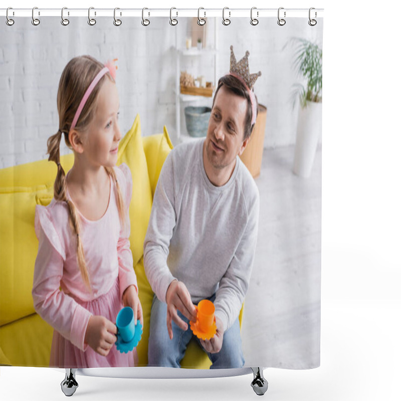 Personality  Smiling Father And Daughter Holding Toy Cups While Playing At Home Shower Curtains